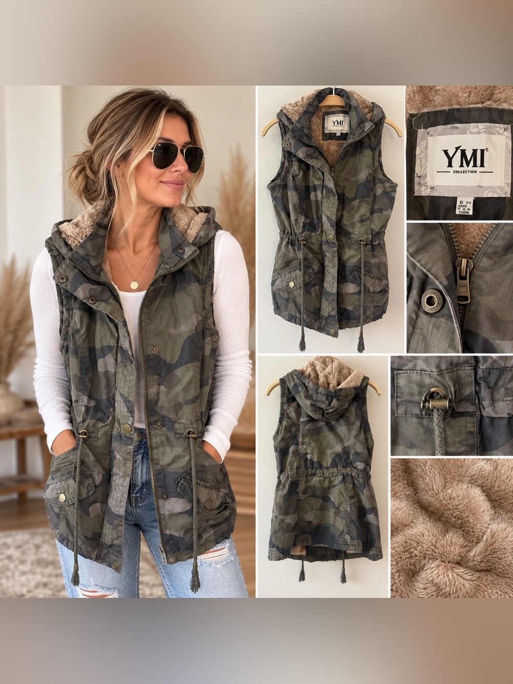 YMI Olive Camo Faux-Fur Hooded Drawstring Vest